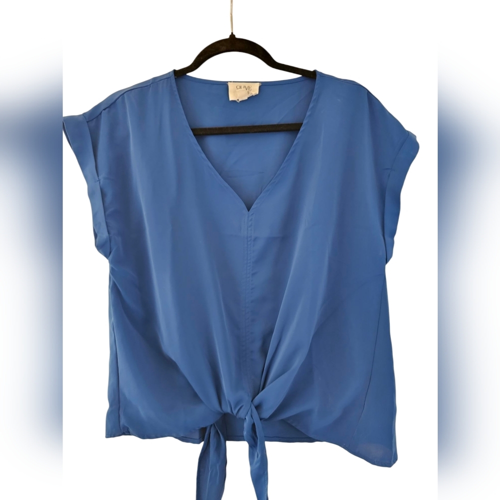 Olive & Oak Blue Cuffed Sleeve Blouse with Tie Front